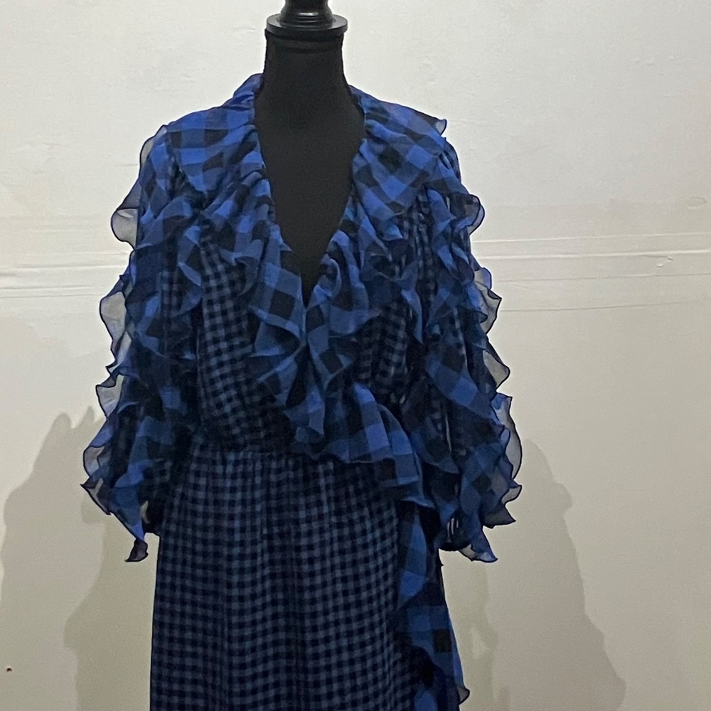 Tularosa blue and black, long sleeve gingham wrapped dress - Picture 3 of 10